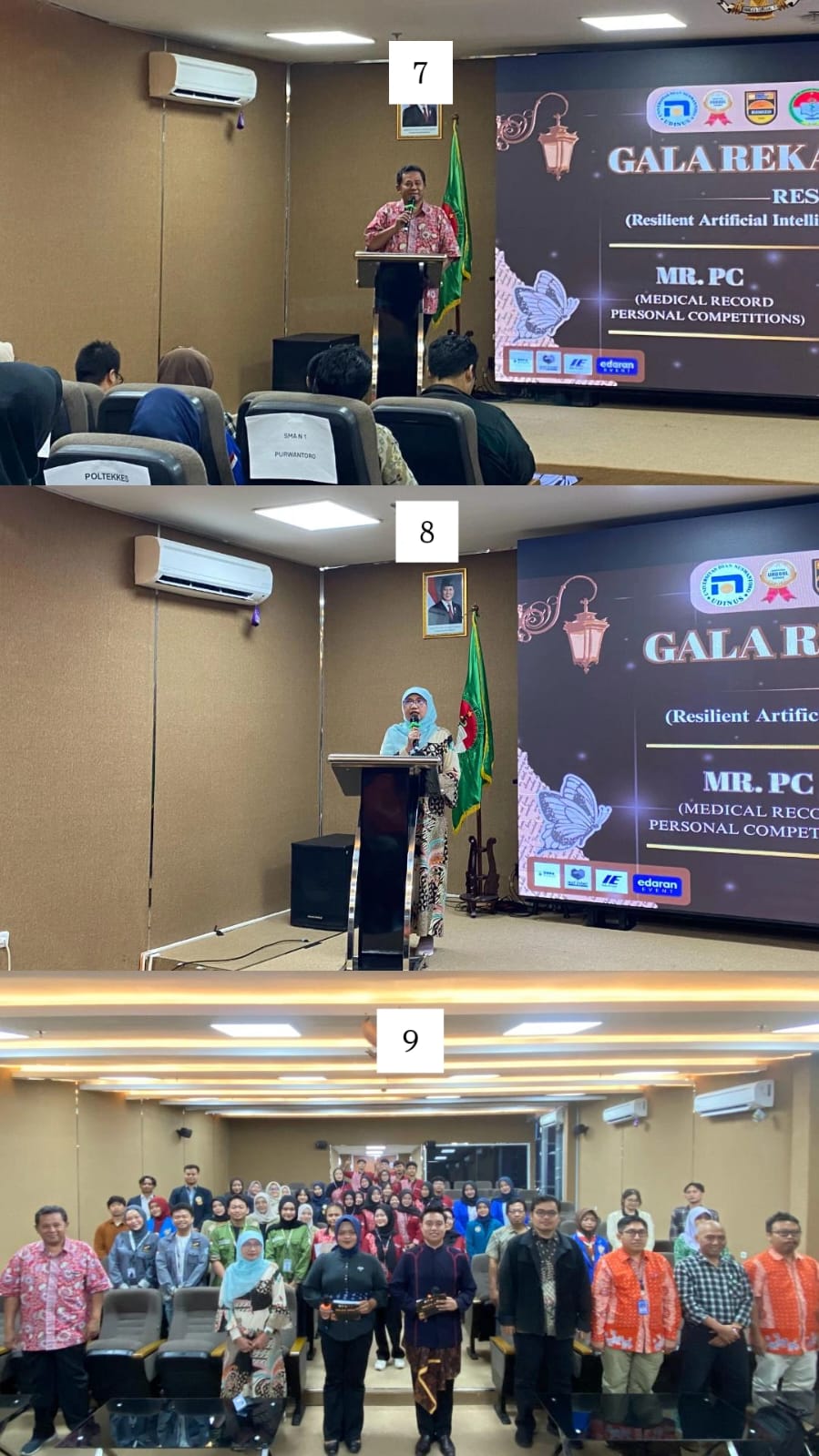 Keterangan : Gambar 7 Sambutan Kaprodi D3 Rekam Medis dan Informasi Kesehatan Bapak dr.Zaenal Sugiyanto, M.Kes, Gambar 8 Sambutan dan Pembukaan acara oleh Dekan Fakultas Kesehatan Ibu Enny Rachmani, SKM, M.Kom, Ph.D, Gambar 8 Dokumentasi